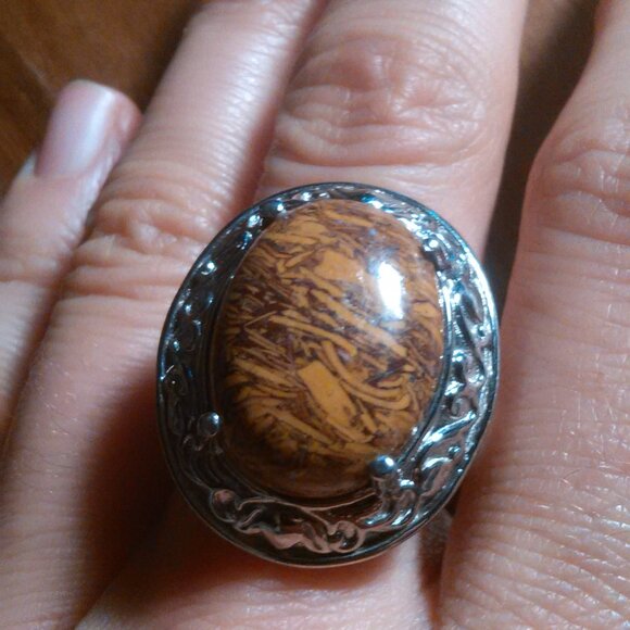 Script Stone Jasper Solitaire Stainless Steel Ring (Size 9) - Picture 10 of 13